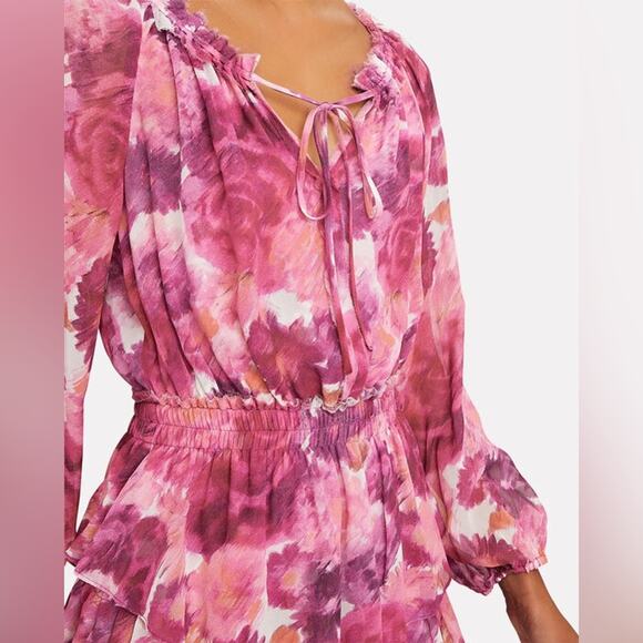LoveShackFancy Silk Pink Smocked Waist V Neck Frill Popover Floral Mini Dress L - Picture 5 of 10